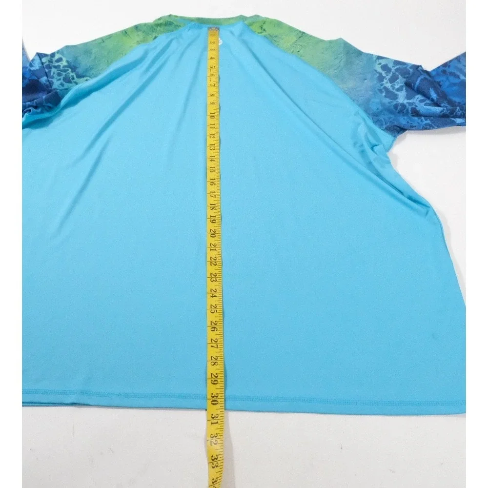 O'Rageous Rash Guard Men 2XL‎ Blue Ocean Wave Long Sleeve Performance Swim Shirt